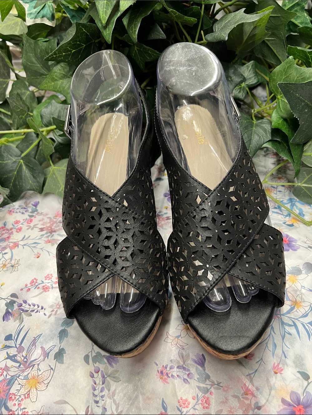 Nicole Black Laser-Cut Cork Wedge Sandals Size 8